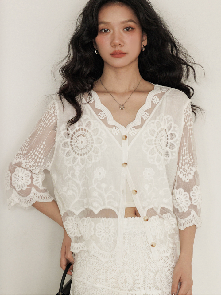 Sheer Floral Lace Cardigan Blouse