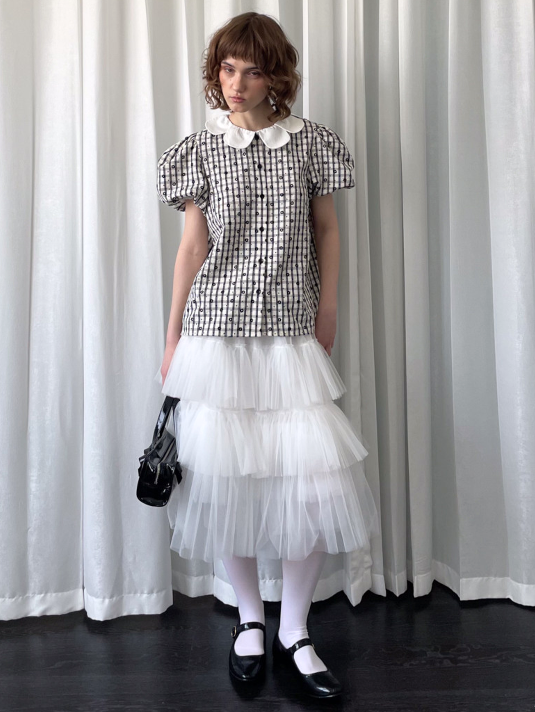 【Loose Smell】Petal Collar Floral Check Blouse