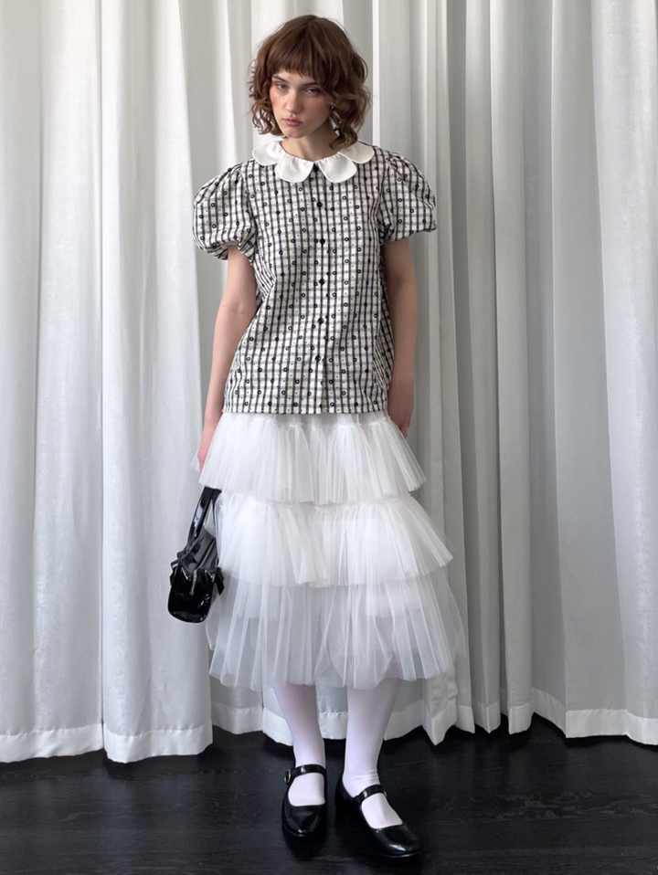 【Loose Smell】Petal Collar Floral Check Blouse