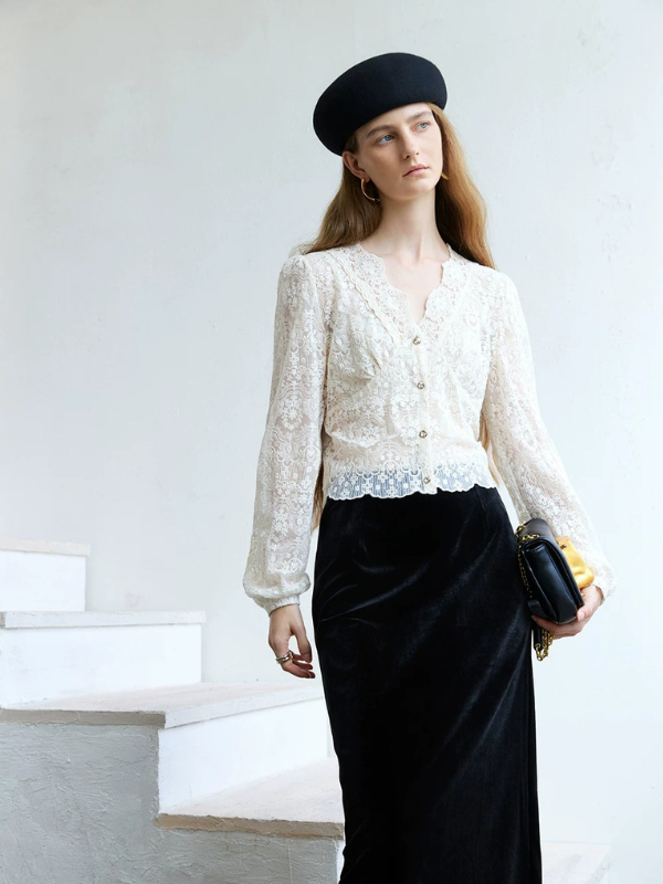 Sheer Lace V-Neck Blouse