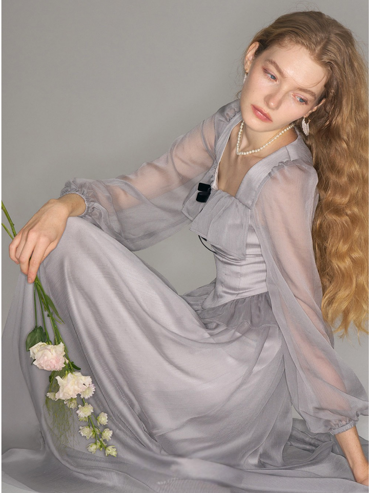 Sheer Ribbon Frill Dress