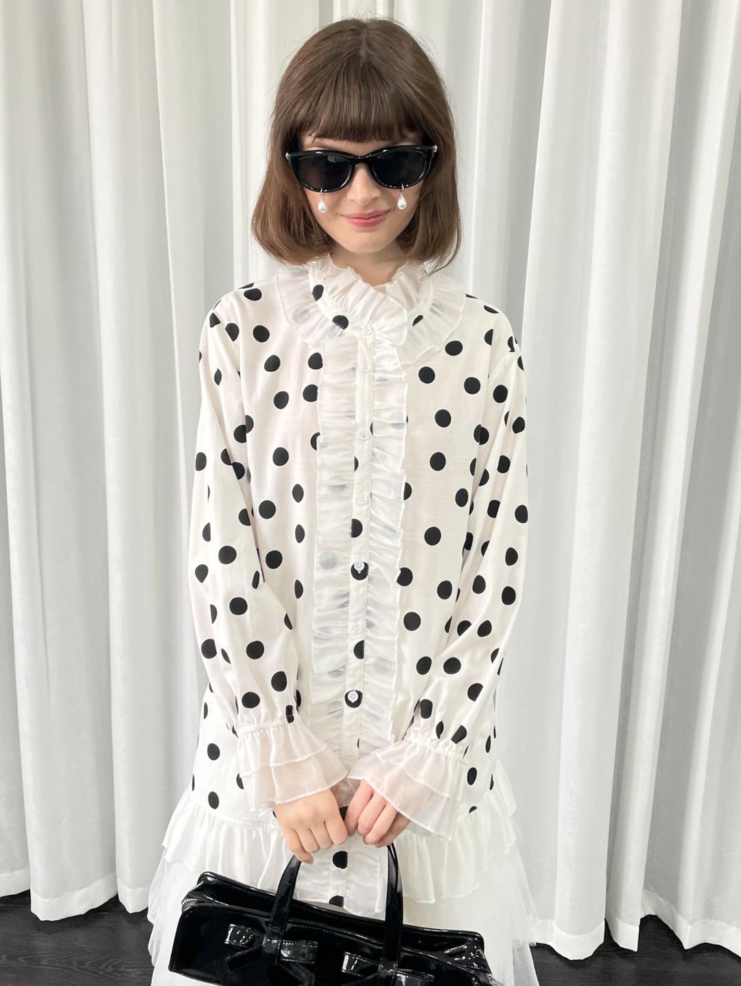 【Loose Smell】Polka Dot Frill Stand Collar Blouse