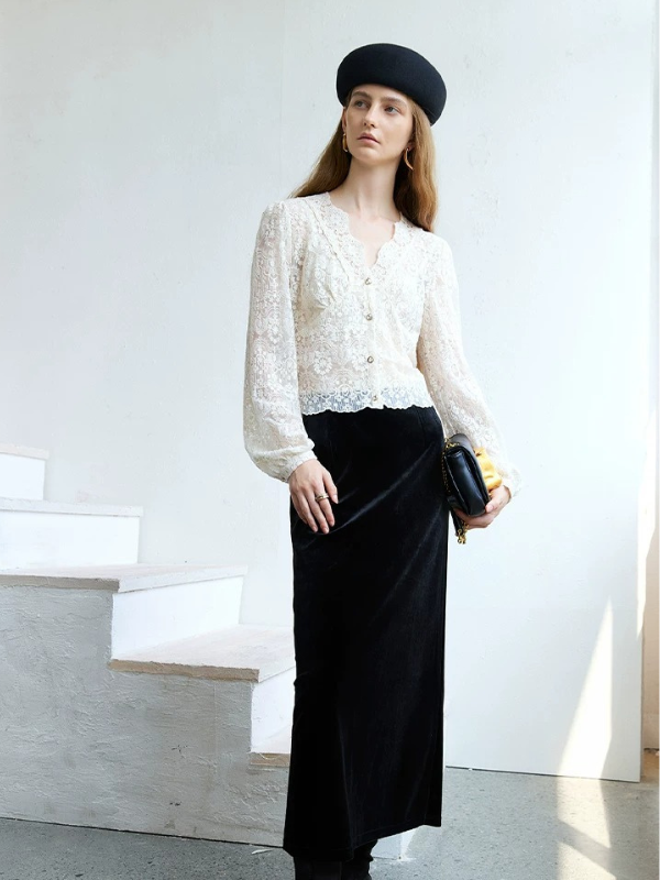 Sheer Lace V-Neck Blouse