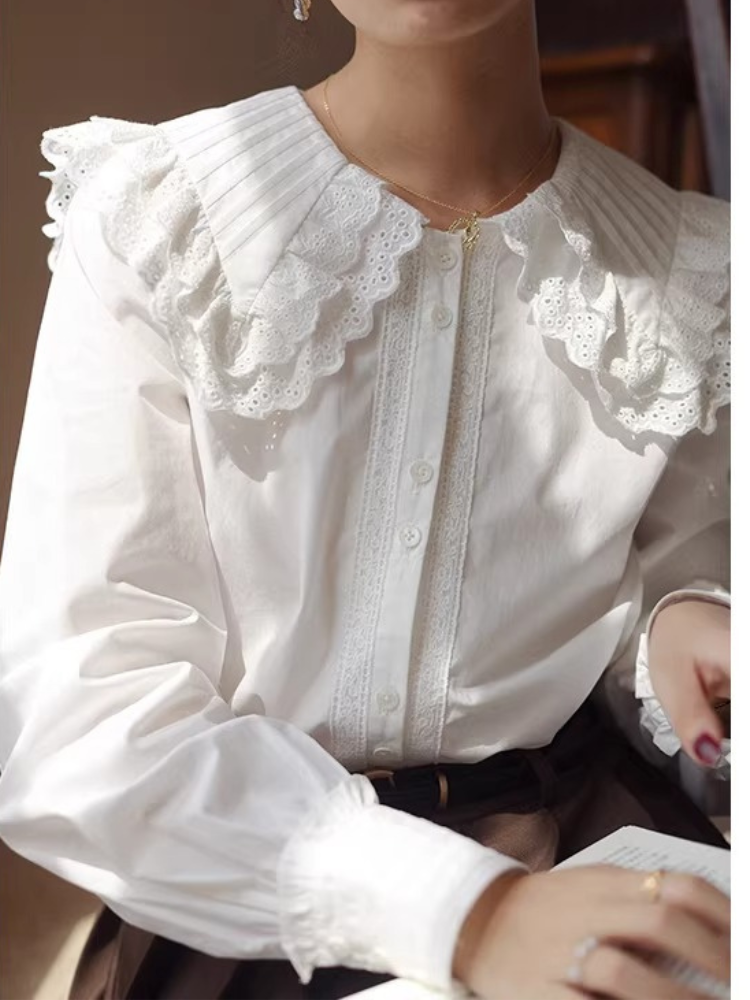 Tucked Lace Collar Blouse
