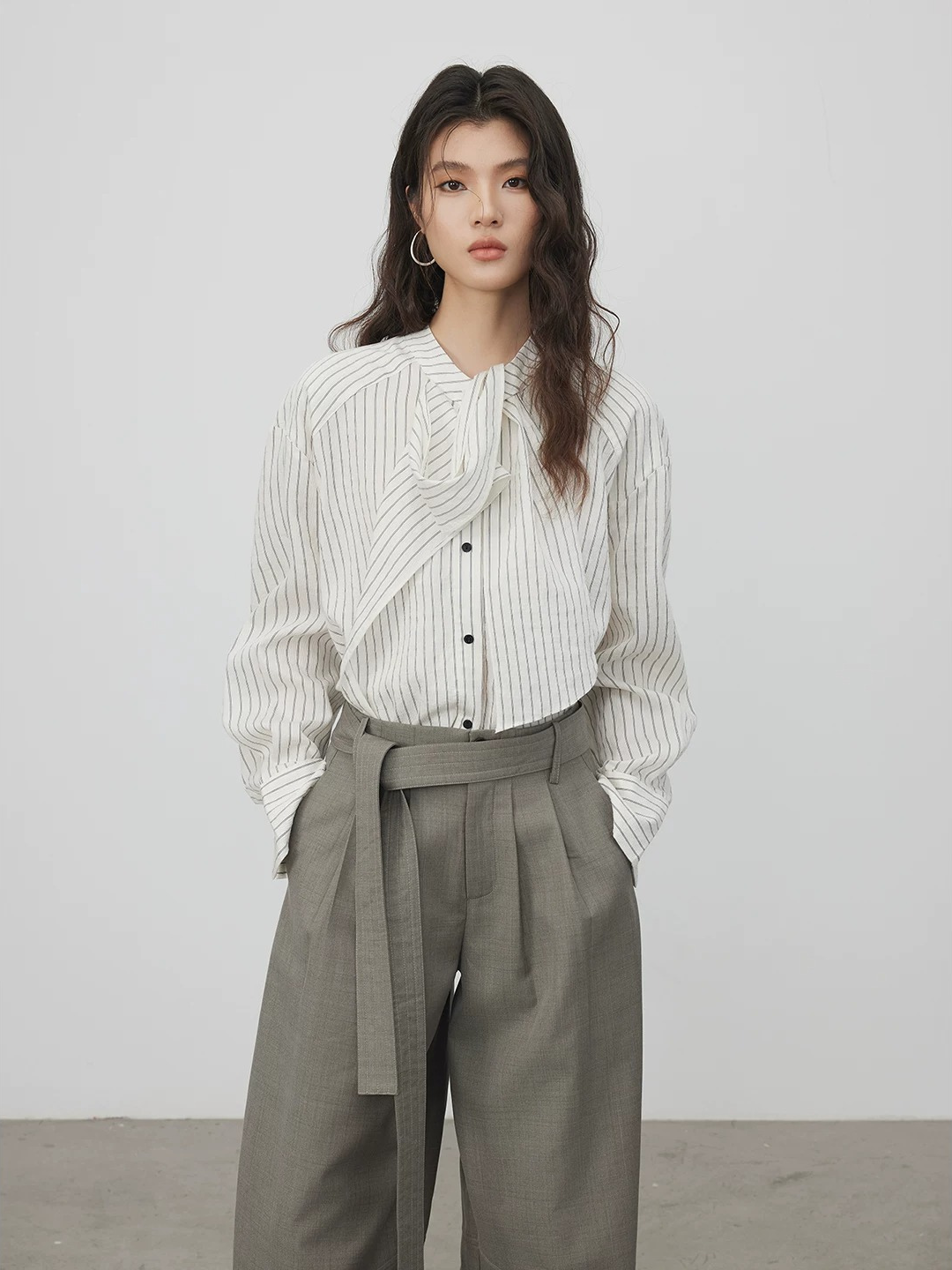 Asymmetric Tie Stripe Blouse