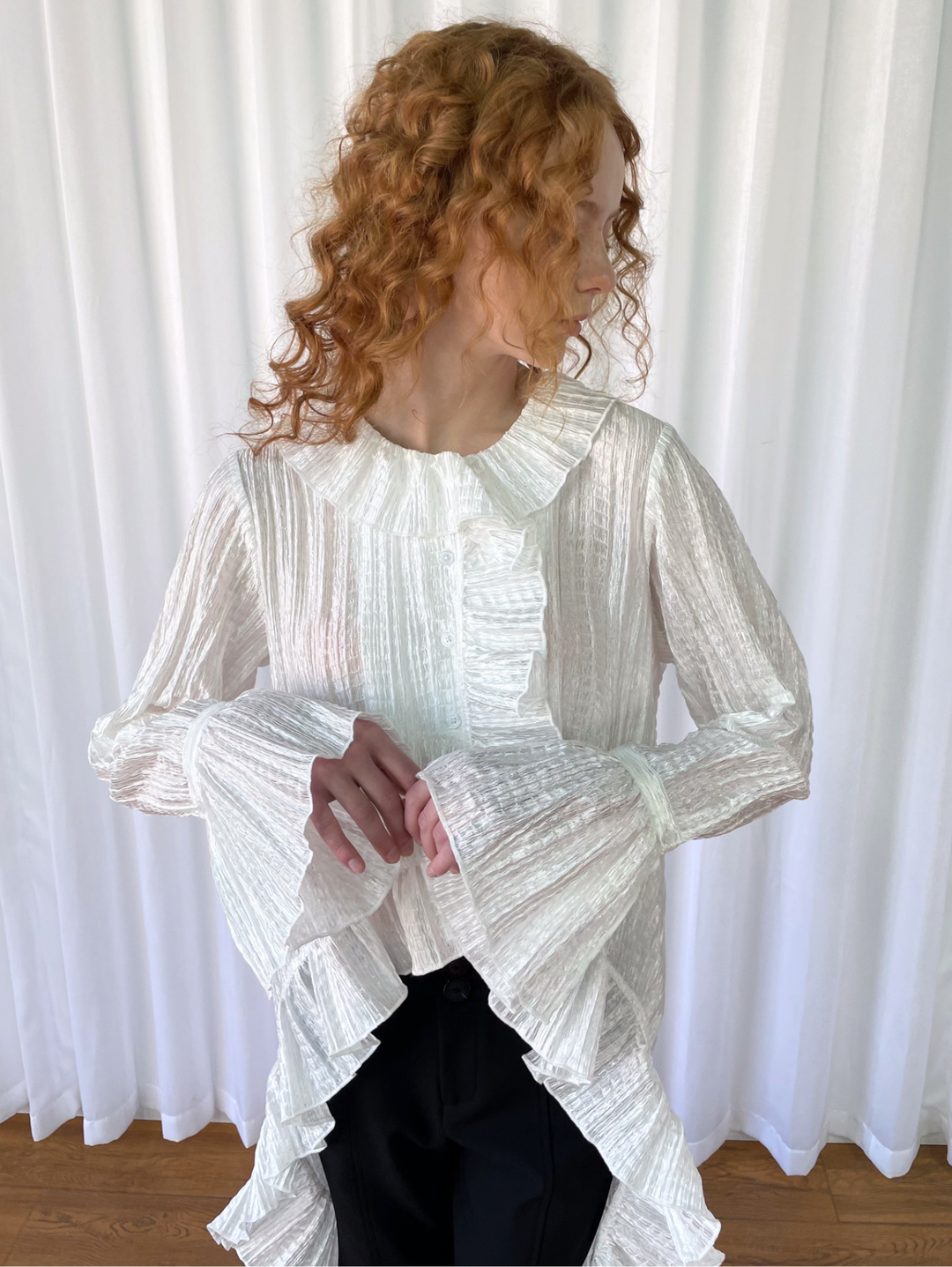 【Loose Smell】Pleated Ruffle Long Blouse