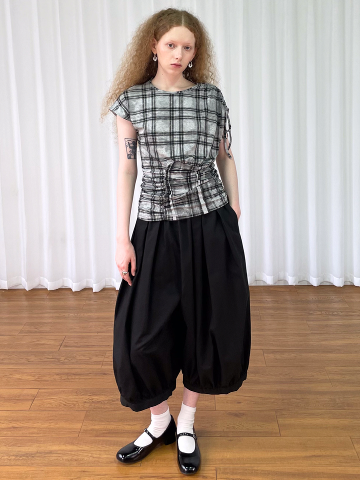 【Loose Smell】Drawstring Check Shirring Top