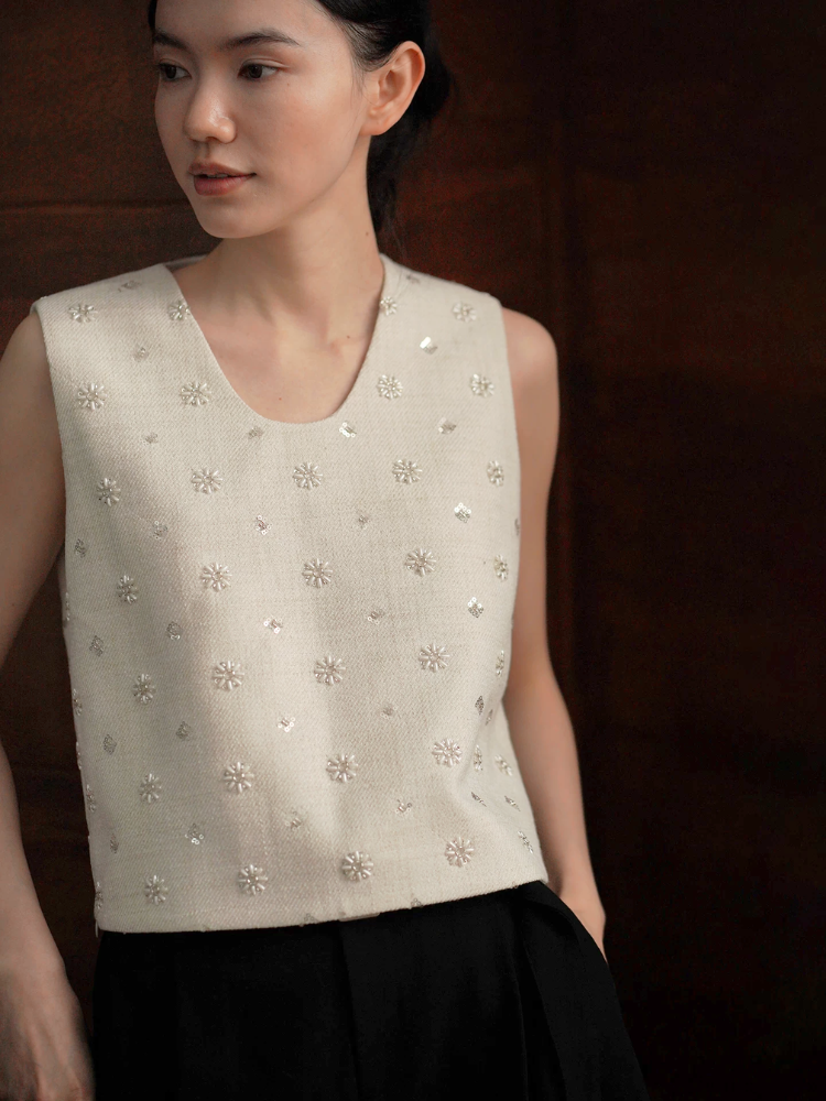 Floral Beaded Tweed Top