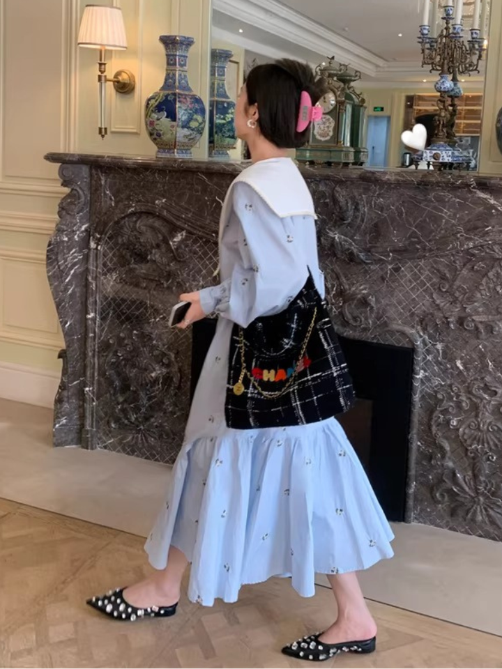Embroidered Sailor Collar Shirt Dress