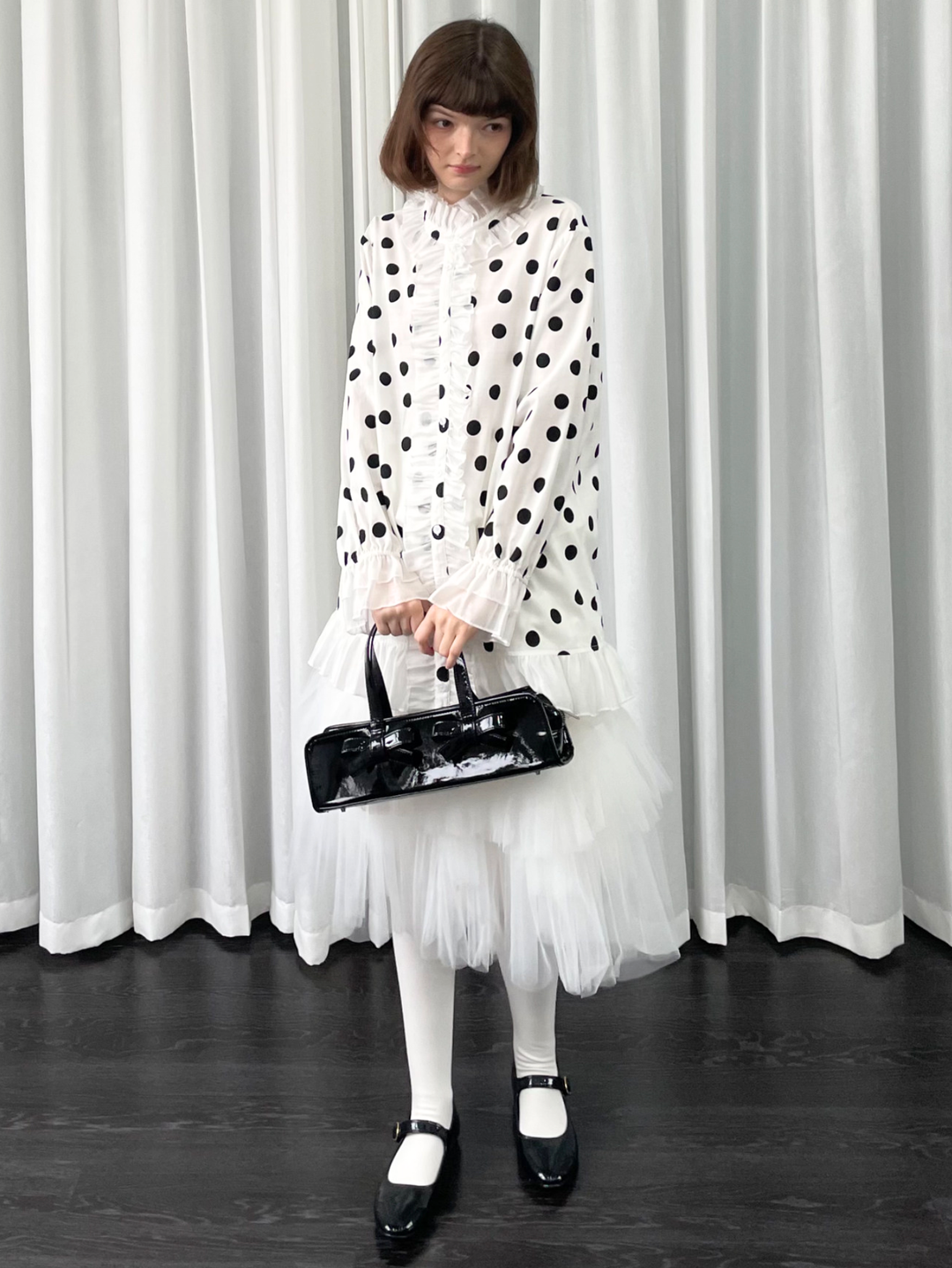 【Loose Smell】Polka Dot Frill Stand Collar Blouse