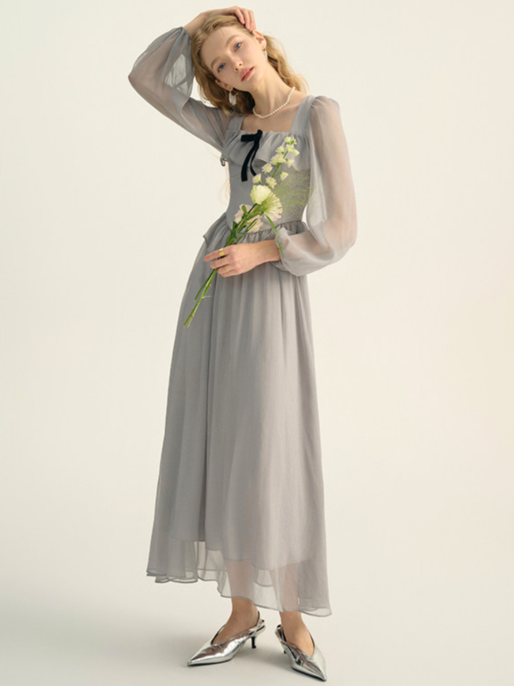 Sheer Ribbon Frill Dress