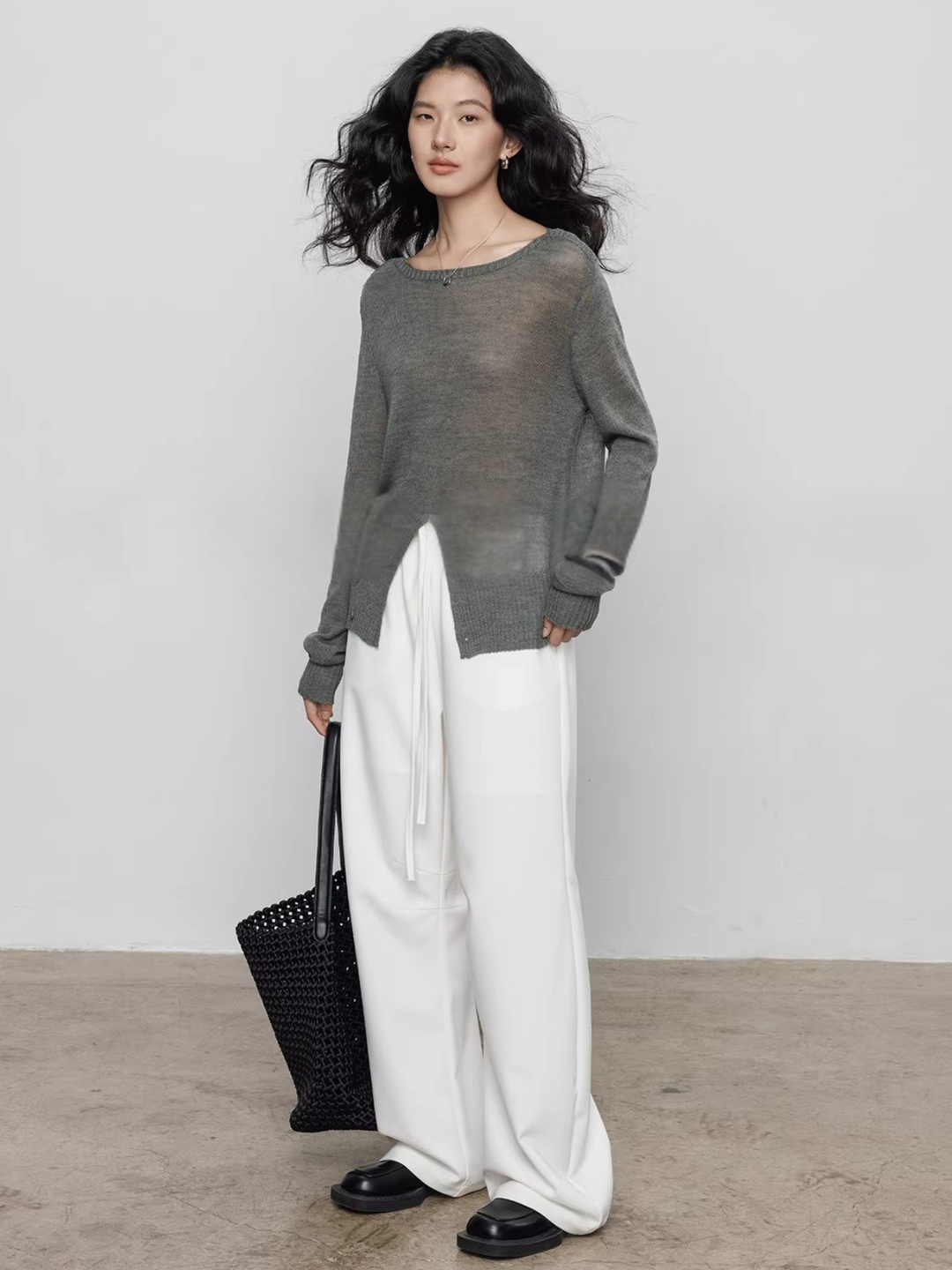 Front Slit Sheer Knit Top