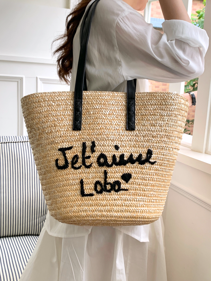 Je t’aime Logo Straw Tote Bag