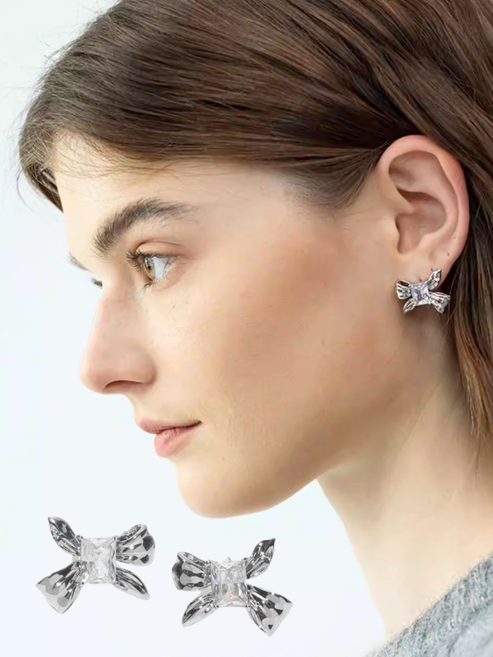 【EGO ACC】Crystal Ribbon Stud Earrings