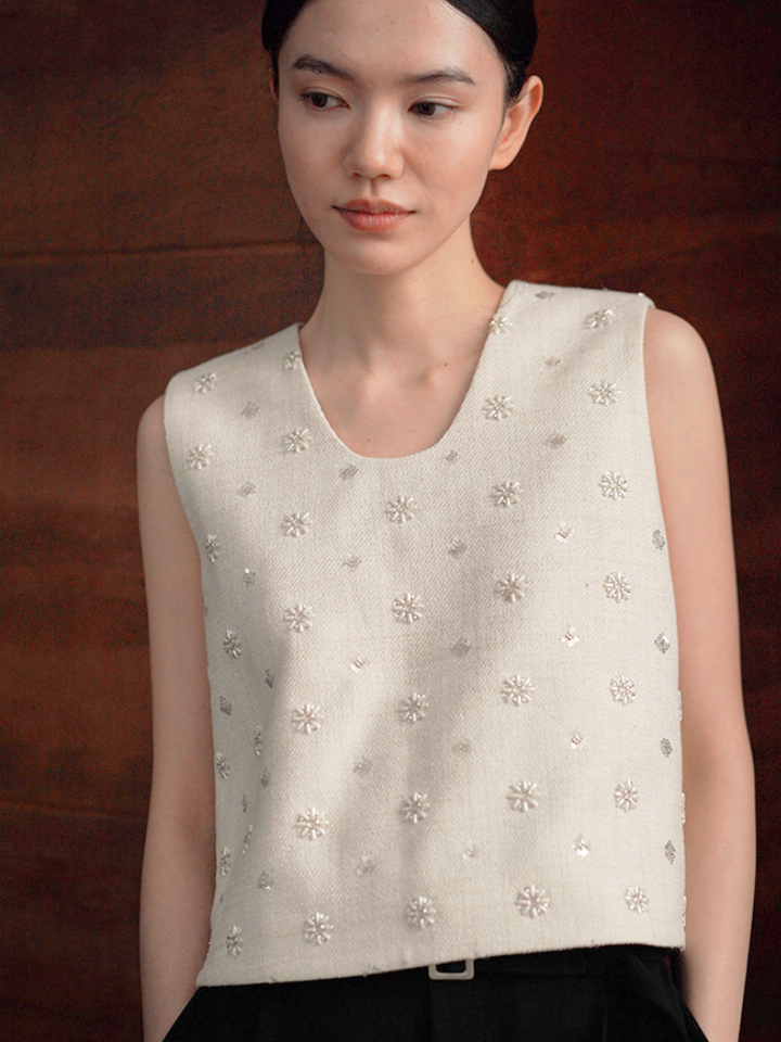 Floral Beaded Tweed Top